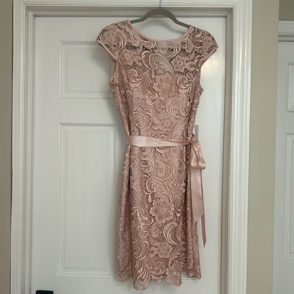 Gorgeous embroidered dress satin under layer built-in bra full slip cap sleeve